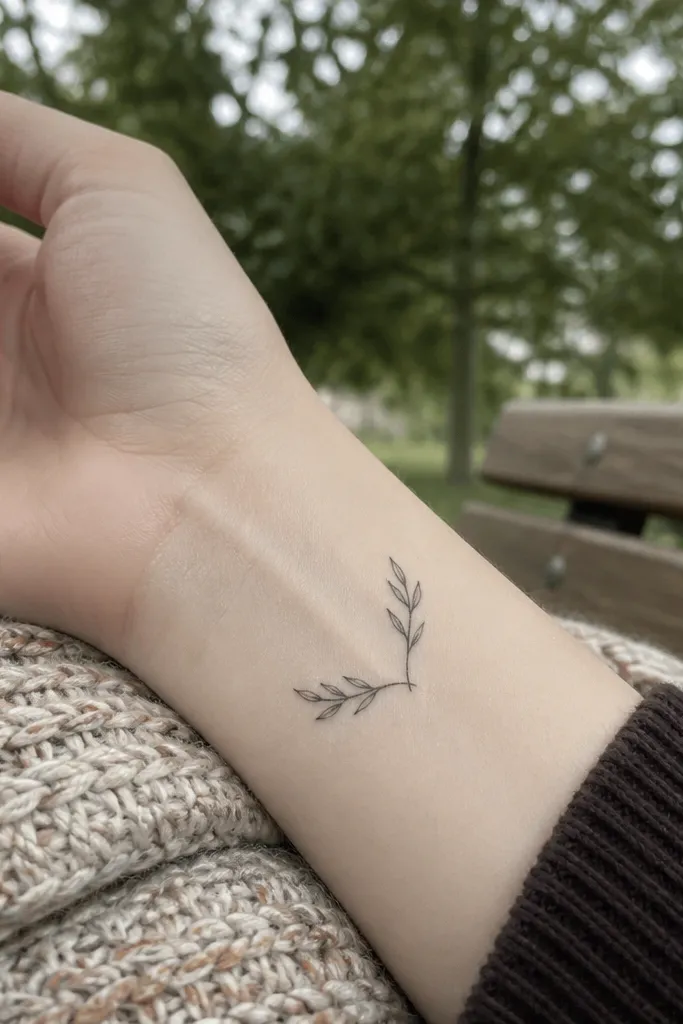A minimalist olive branch on the inner wrist with two thin stems that split and meet again. There are only two leaf pairs, one pair on each stem, and the leaves are small teardrops with clean outlines.