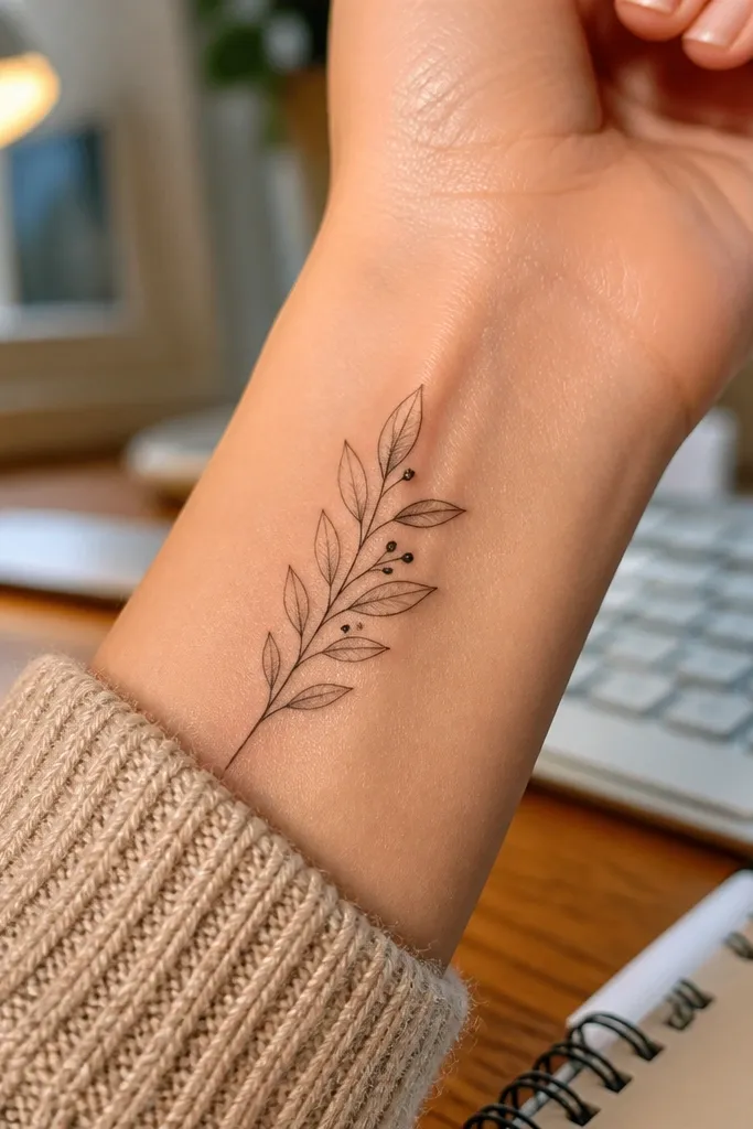 A thin olive branch tattoo on the inner wrist with small leaf teardrops and two tiny berry dots along the stem. The berries are simple filled circles, spaced far enough apart to stay crisp. The overall branch is about the length of a bracelet clasp.