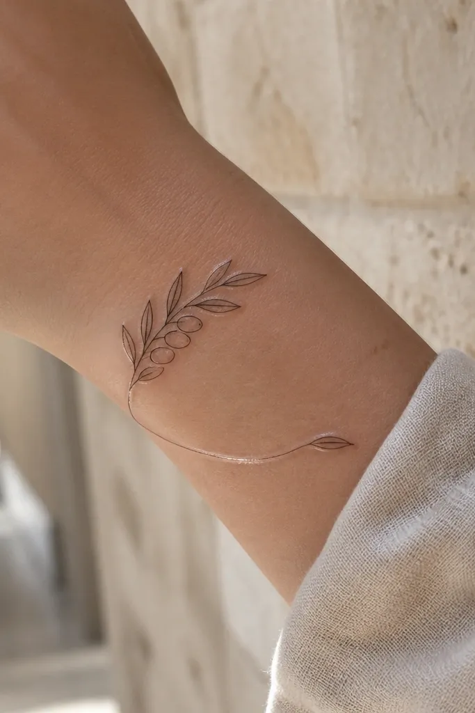 A delicate olive branch on the outer wrist that curves into a thin tail line. The leaves are small and spaced, and the tail line trails downward like a whisper. The design stays mostly linework with no grey wash.