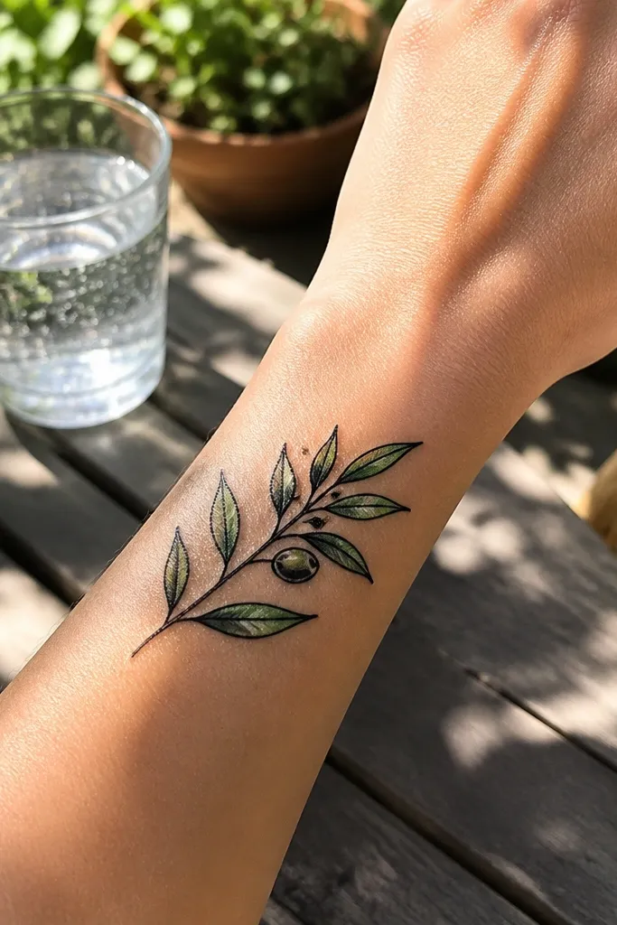 A fine black olive branch on the inner wrist where a few leaves have very light pale green watercolor inside the outline. The stem and leaf outlines are crisp and thin, and the green sits softly near the center of each leaf. The tattoo looks airy with visible skin around the color.