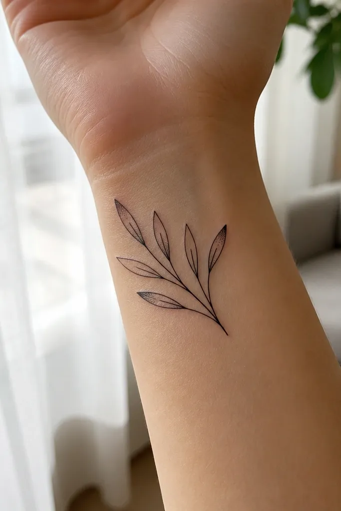 A tiny olive branch tattoo on the inner wrist with fine outlines. Each leaf has a small stipple cluster near the pointed tip, while the rest of the leaf is unshaded. The stem stays clean and thin with lots of skin showing.