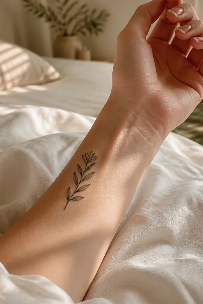 A delicate olive branch on the inner wrist that starts with a small crown-like cluster of leaves at the top, then narrows into a thin stem with one or two leaves. The lines are fine and the crown leaves are small and spaced.