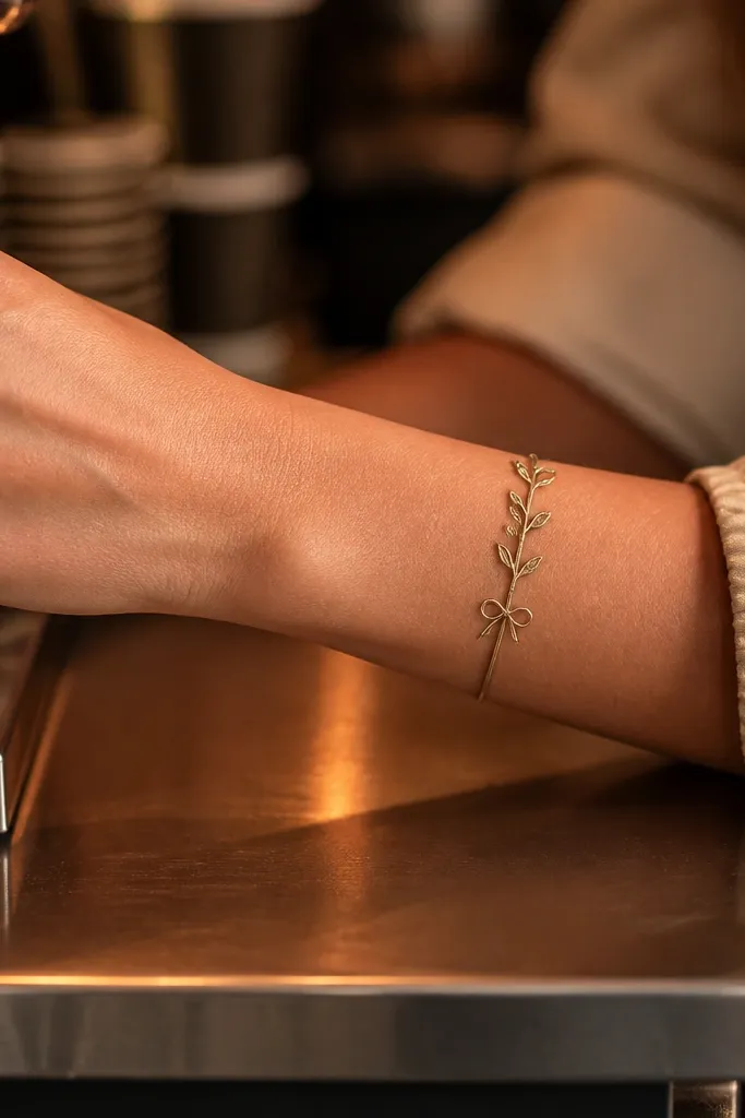 A fine olive branch on the inner wrist with a tiny ribbon bow tied at the base of the stem. The ribbon is drawn with two thin loops and small tail lines, and the leaves sit above the bow. The tattoo is light and mostly linework.