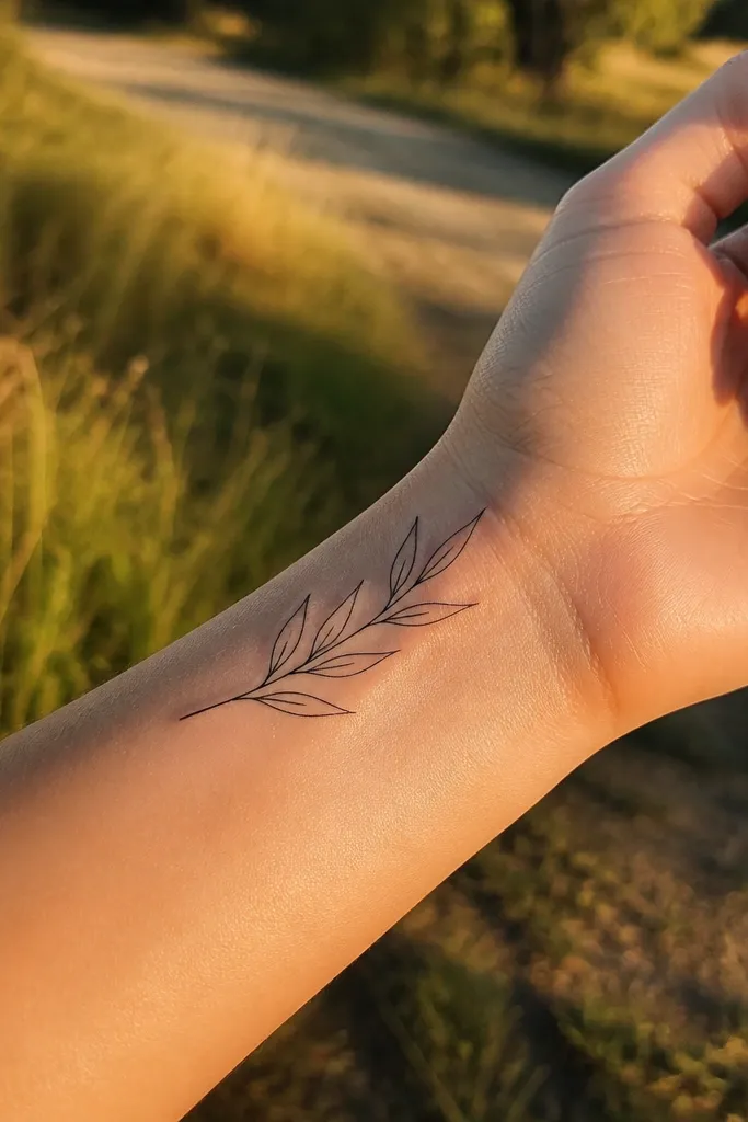 A delicate olive branch tattoo on the outer wrist where leaves have slightly elongated, feather-like outlines. The stem is thin, leaves are spaced with visible skin gaps, and there is no shading. The leaves have a smooth curve that follows the branch.