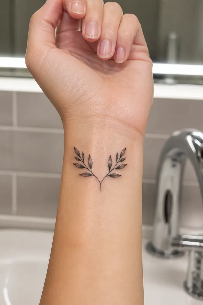 A small olive branch on the inner wrist with a centered stem and two mirrored leaf pairs on either side. The leaves are tiny teardrops with clean outlines and equal spacing, giving a symmetrical look. The tattoo sits vertically along the wrist curve.