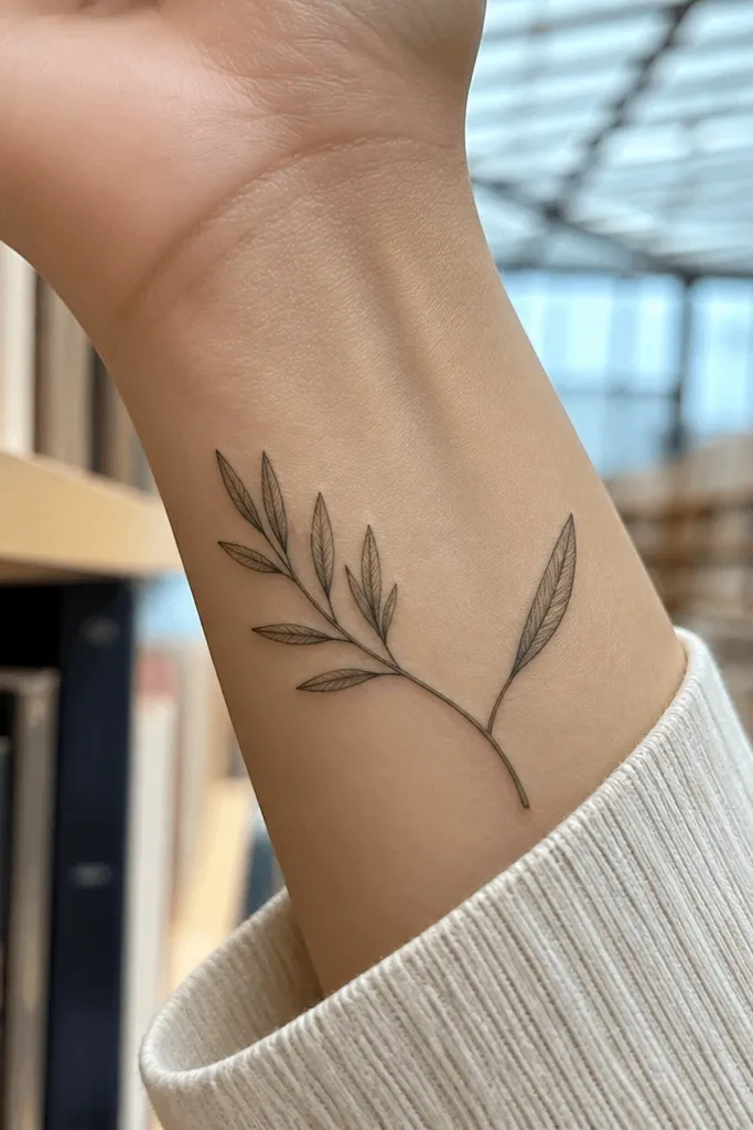 A delicate olive branch tattoo on the inner wrist with a thin fork in the stem near the middle. One side has a small cluster of 3-4 leaves, and the other side has one single leaf. The lines are fine and the cluster has visible skin gaps between each leaf.