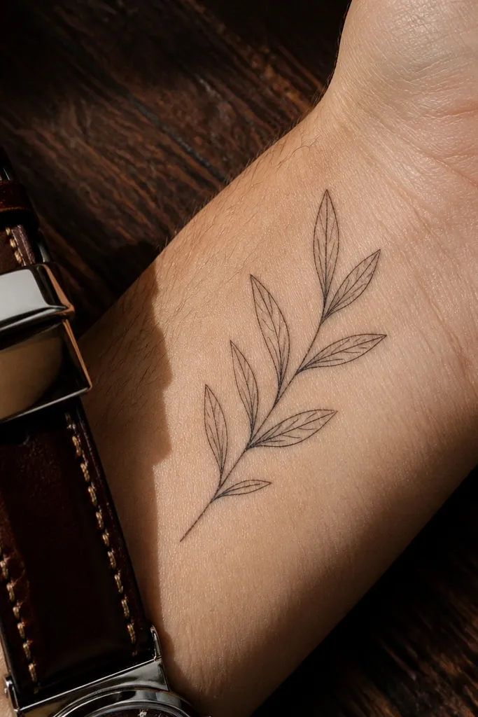 A thin olive branch tattoo on the inner wrist with small leaves outlined in fine black. Each leaf has one tiny vein line drawn from base to tip, with no dot shading or grey wash. The stem is a single thin line with lots of negative space.