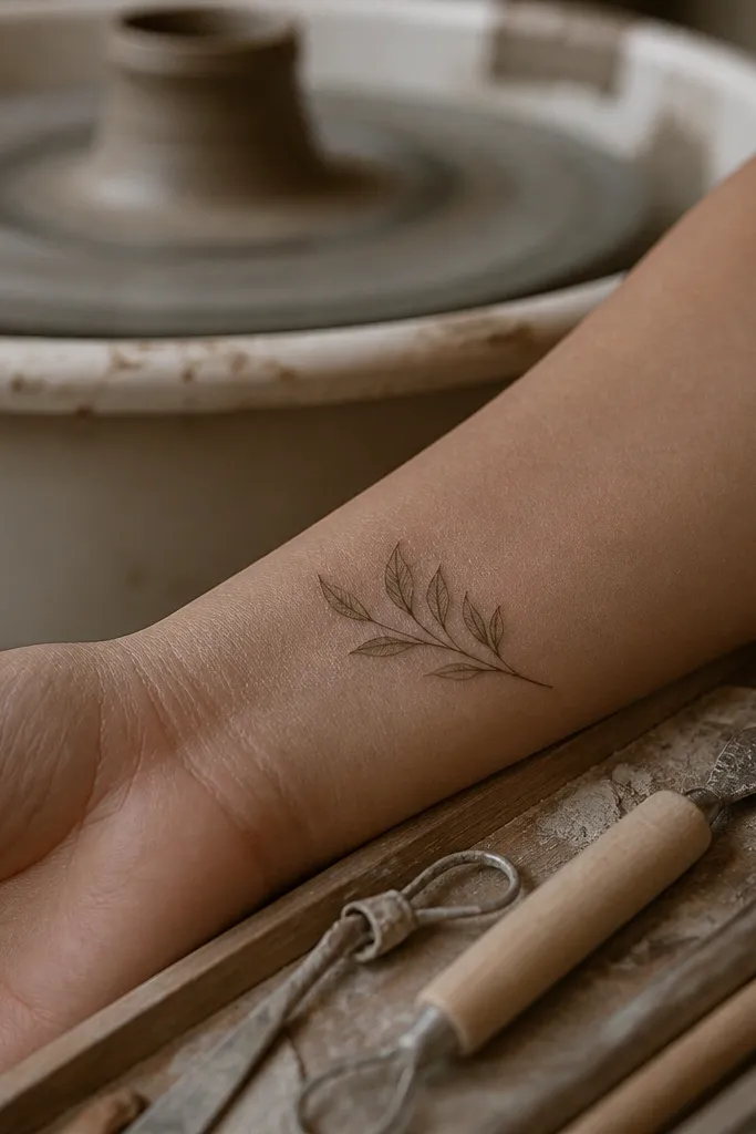 A minimalist olive branch tattoo on the outer wrist with micro leaves running along a thin stem line. There is a second thin underline line that mirrors the stem slightly below it, forming a subtle double-line effect. The leaves sit between the two lines and the design stays airy.