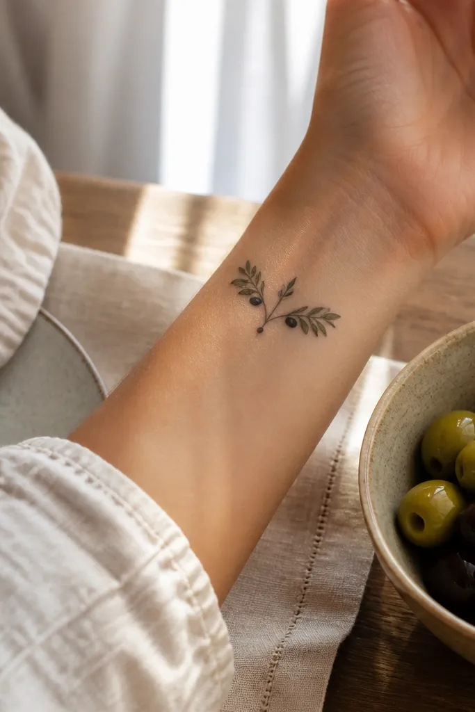 A delicate olive branch tattoo on the inner wrist with a small central dot at the stem base. Two tiny leaf clusters sit above the dot on either side, and the stem line stays thin. The leaves are small, spaced, and outlined in fine black with no shading.