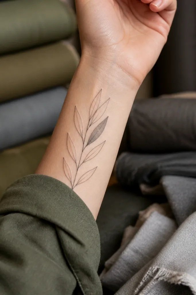 A fine olive branch tattoo on the inner wrist with several outlined leaves and one leaf that has a light grey wash inside. The stem and other leaves are pure linework, and the grey wash leaf stays subtle and small. The tattoo looks delicate with visible skin between elements.