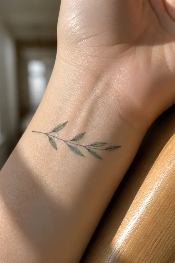 A tiny olive branch tattoo on the outer wrist with leaves drawn in micro scallop shapes. The stem stays a single thin line with no thickening at leaf junctions. Leaves are small and spaced, with scalloped edges that look smooth and delicate.