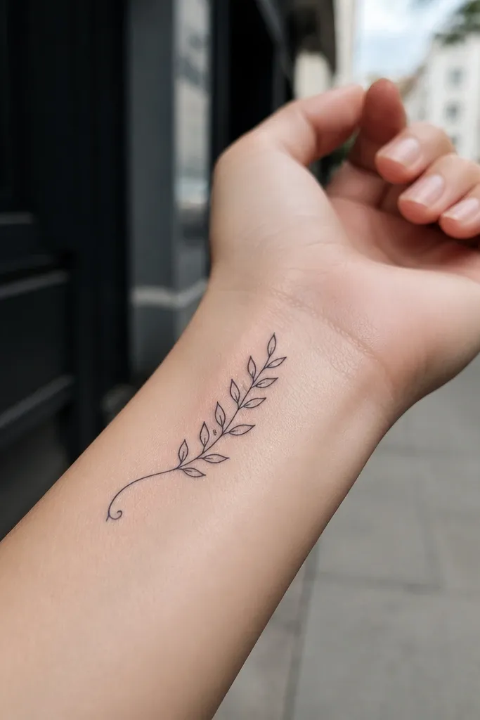 A delicate olive branch on the inner wrist with small leaf pairs along a thin stem and a single thin end curl at the top. The curl is like a gentle hook, and the leaves are spaced with clear negative space. No shading is present.
