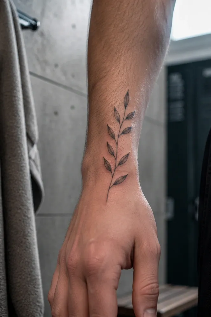 A delicate olive branch tattoo on the inner wrist with a vertical thin stem. Leaves are staggered at different heights along the stem, some slightly higher, some slightly lower. The leaves are small, outlined in fine black, and spaced with visible skin gaps.
