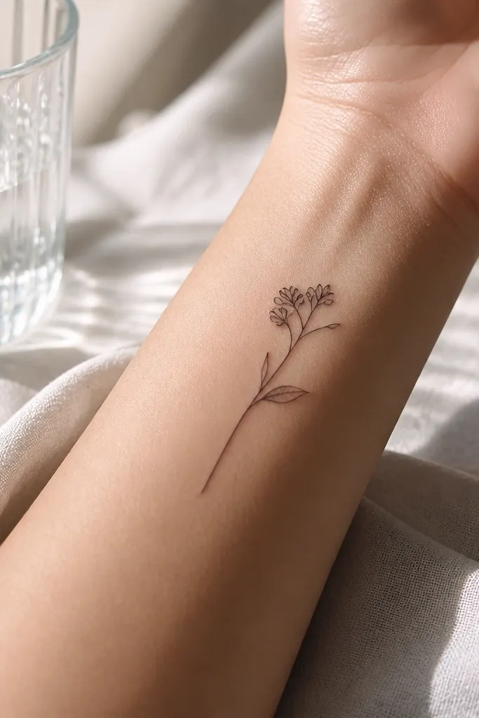 A very thin olive branch tattoo on the inner wrist. There is a fine stem outline and one tiny leaf drawn slightly behind the stem line so it looks layered. The rest of the leaves are simple outlines with lots of negative space.