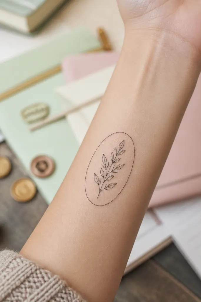 A delicate olive branch tattoo on the inner wrist enclosed by a thin oval frame. The leaves sit inside the oval, and the frame line is the same fine thickness as the stem. There is lots of skin showing inside the oval.