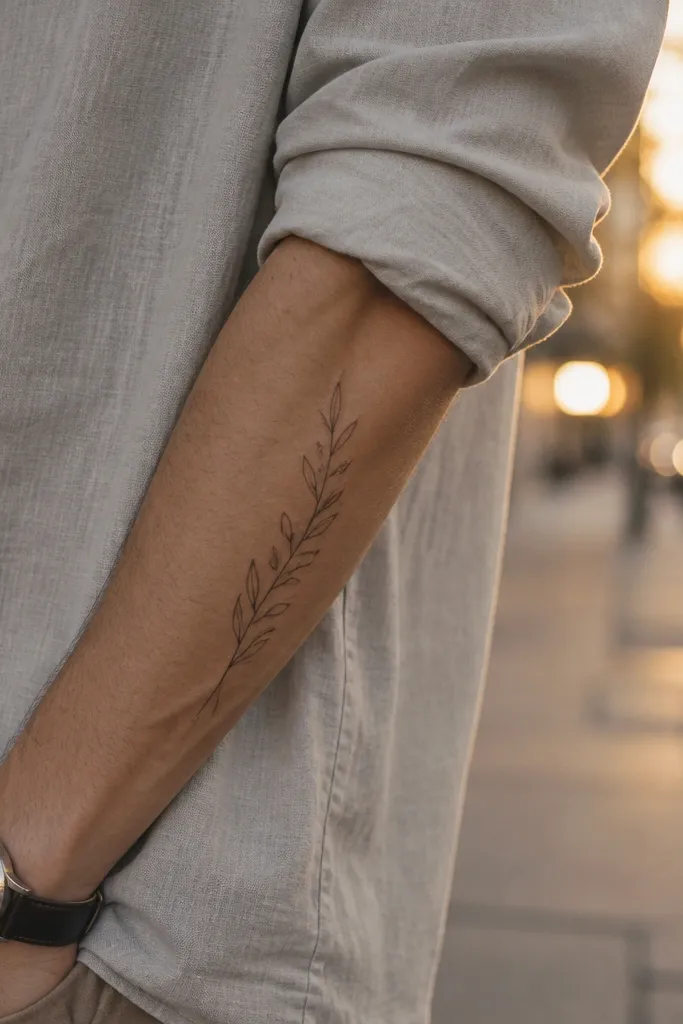 A minimalist olive branch tattoo sits on the inner forearm, starting near the wrist and drifting toward the elbow. It shows one clean stem with small repeating oval leaves, mostly black linework with tiny negative-space gaps between each leaf. The tattoo is photographed in warm daylight with the forearm resting on a table, showing crisp line contrast and lots of skin between leaves.