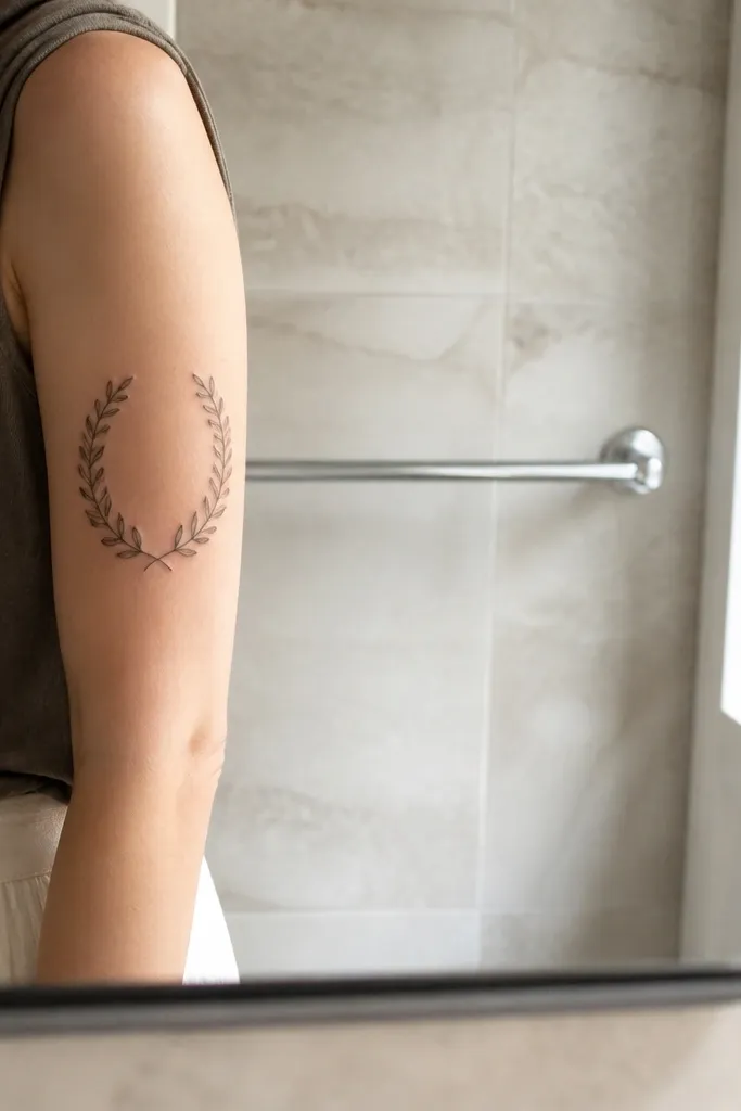 A half-circle olive wreath wraps the outer upper arm from about the bicep toward the tricep. Two thin branches meet at the bottom and separate slightly as they rise, with small oval leaves outlined in black and no heavy shading. The photo shows the wearer flexing lightly, and the tattoo follows the arm's curve with clean negative space in the center.