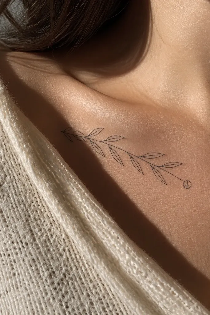 A minimalist olive branch runs diagonally across the upper chest near the collarbone. The stem is fine-line black, and near the top leaf, one leaf is replaced by a tiny peace symbol drawn as a small negative-space icon inside the leaf outline. The photo shows a close crop with soft shadow on collarbones and the tattoo crisp against skin.