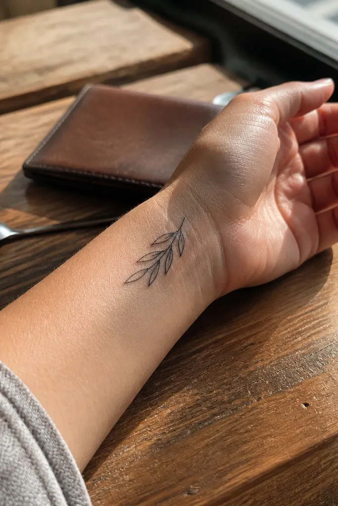 A small asymmetrical olive branch tattoo wraps the side of the wrist. It has one longer stem segment with three tiny leaves on one side and two smaller leaves trailing slightly downward. The photo shows the wearer's hand holding a coffee mug, and the lines look sharp even on a moving joint.