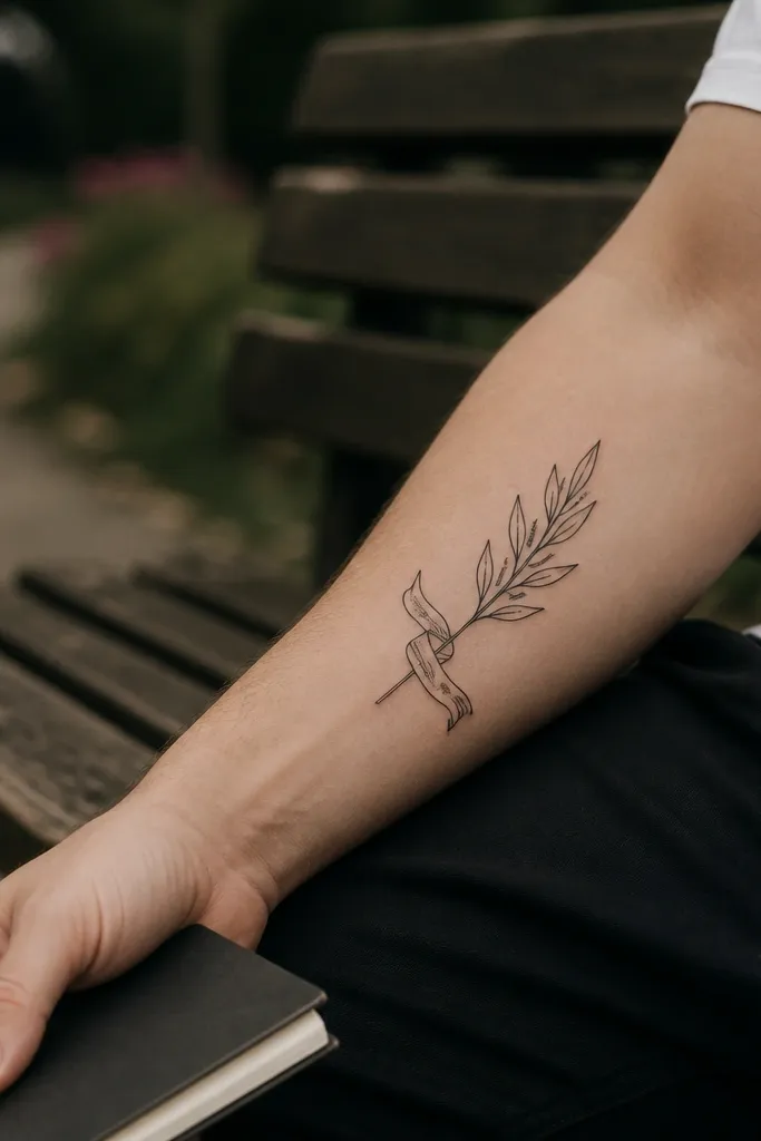 A minimalist olive branch sits along the inner forearm, with a thin ribbon banner crossing the stem near the middle. The leaves are outlined in black with tiny light gray shadows under a few leaves, and the ribbon is drawn with two simple folds, no text. The photo shows the tattoo under natural light, with the ribbon creating a clean focal point.