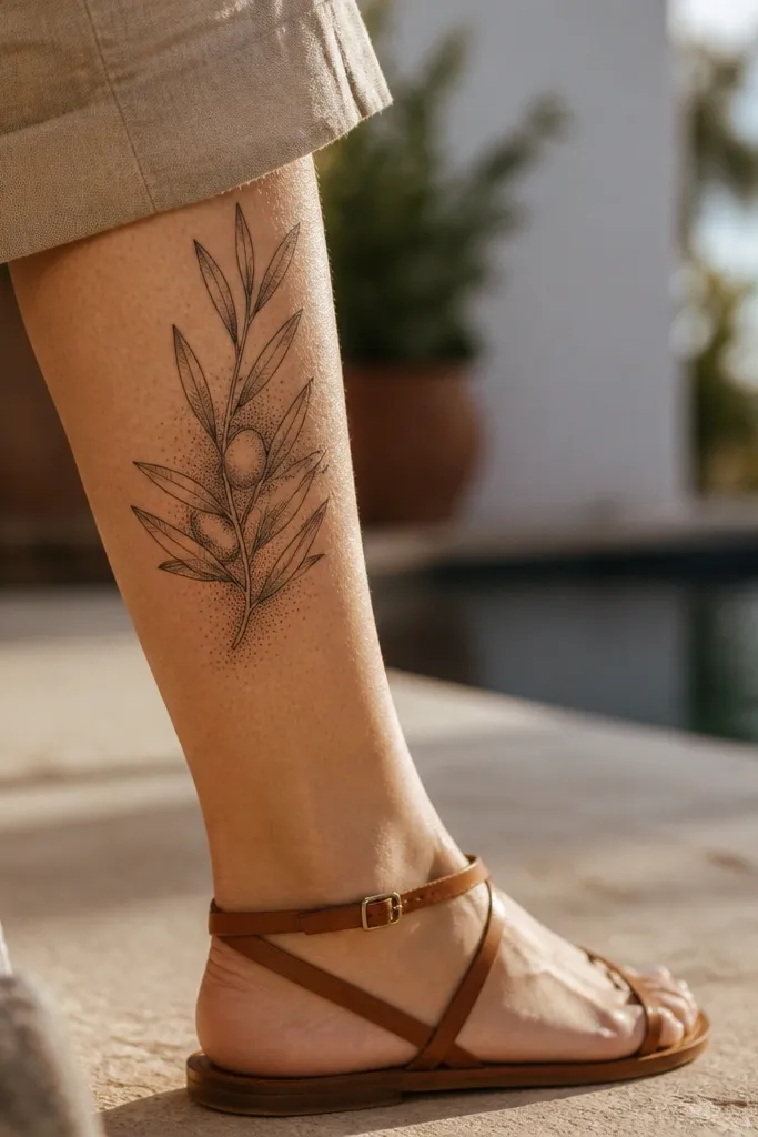 A minimalist olive branch runs down the outer calf with fine black outlines, and behind it there is a light halo of micro dotwork. The leaves are crisp, and the dotwork background fades outward like a soft gradient. The photo shows the tattoo on a person walking outdoors, with the dotwork catching light subtly.