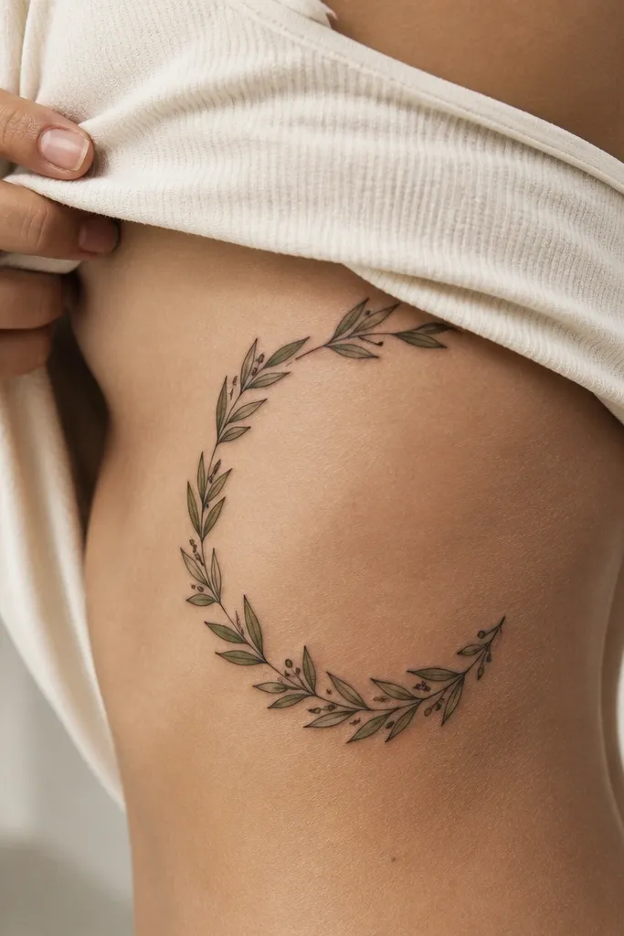 A thin olive branch tattoo curves across the side ribs, with the stem arcing upward and leaves pointing outward. There is a clear negative-space center where no lines cross, creating a clean open area. The photo shows the wearer in a fitted top, ribs slightly angled, and the tattoo looks airy and sharp.