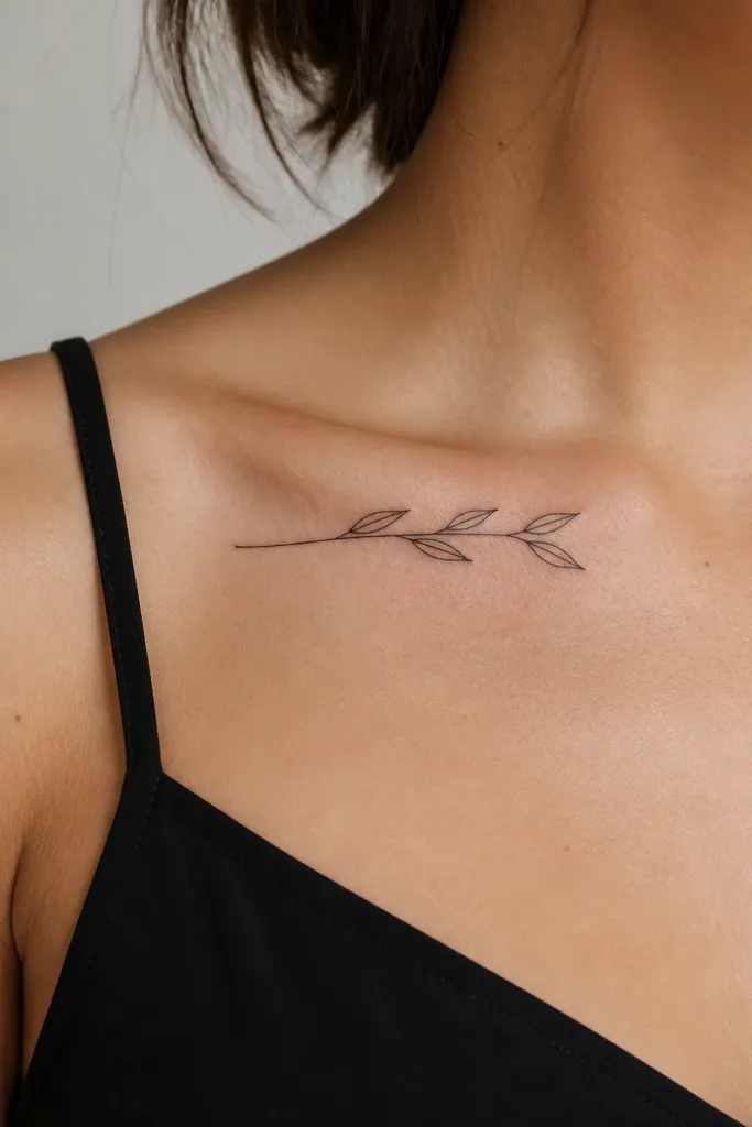 A narrow olive branch sits under the collarbone like an underline. The stem is thin and mostly straight with a gentle curve, and leaves are arranged in a small repeating pattern along one side. The photo shows a close crop of collarbone and neckline, with the tattoo staying crisp against skin and catching light at the edges.
