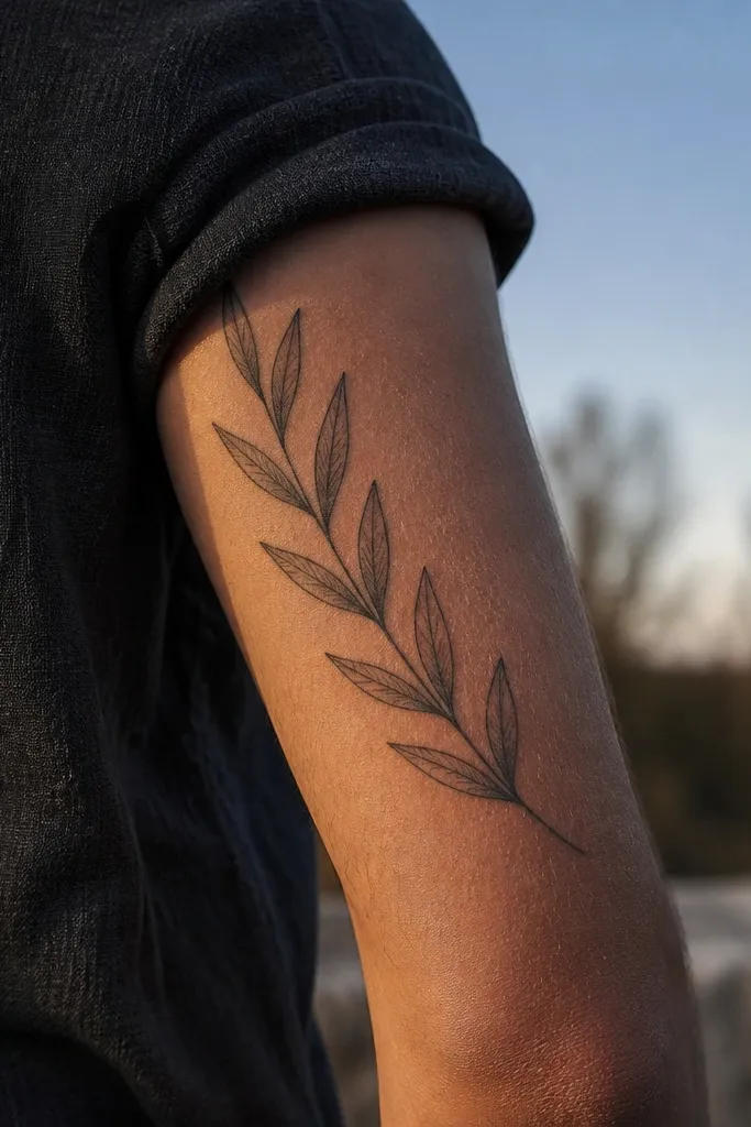 A minimalist olive branch wraps partway around the upper arm like a half-swoop. The leaves are elongated and slightly pointed, drawn with a central line, giving a feather-like look. The tattoo is in crisp black linework with almost no shading. The photo shows the upper arm outdoors, with sunlight making the line edges pop.