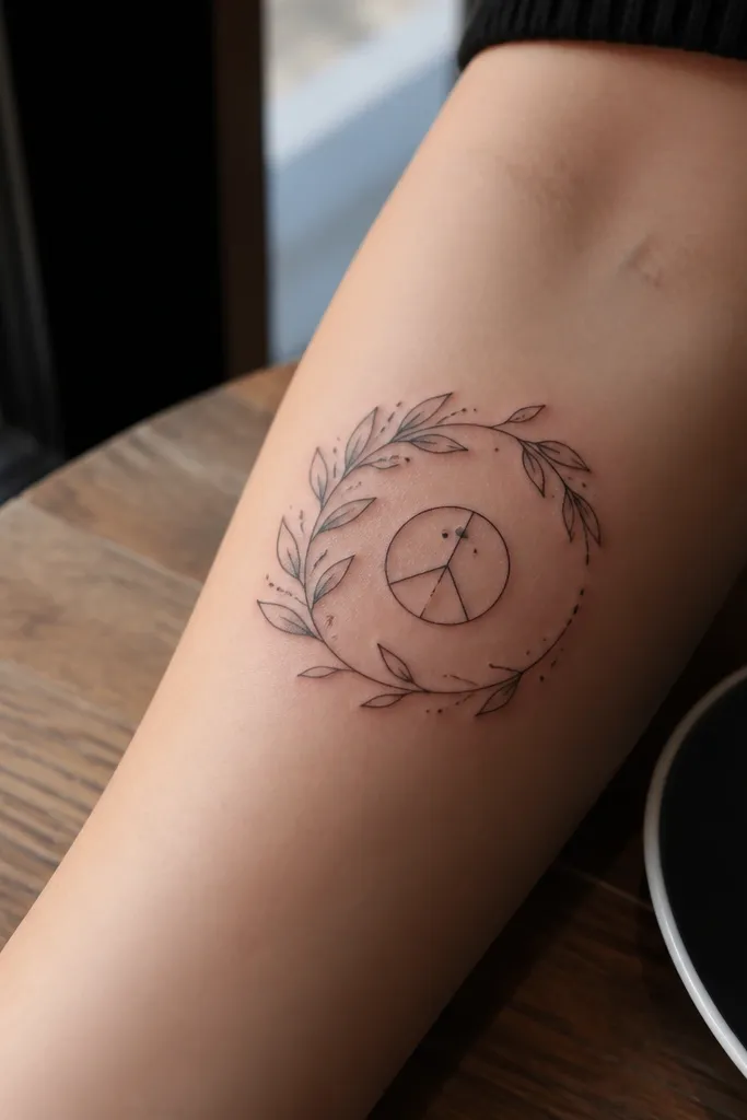 A small circular dot sits in the center of the tattoo, surrounded by an olive branch that curves around it like a loose frame. The leaves are minimal black outlines, spaced evenly, with the stem forming the lower arc. The photo shows the tattoo on the side of a finger-adjacent area on the hand, with a clean ring-like composition and lots of negative space.