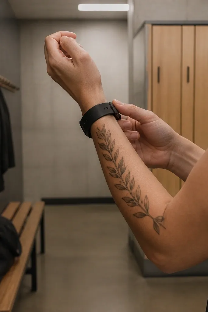 A minimalist olive branch tattoo sits on the back of the forearm, with the stem curving upward and the leaves following in a gentle arc. At the bottom, the stem has a simple knot-like wrap line, no ribbon text. The photo shows the tattoo stretched across the forearm muscle, with clean thin lines and strong negative space.