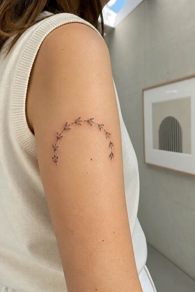 A half-arch olive branch sits on the outer forearm, with leaves arranged in a tight repeating pattern that looks almost grid-like. The stem is fine-line black, and each leaf is drawn in the same size and angle. There is no shading, just clean outlines and skin showing through. The photo shows the tattoo in sharp focus, emphasizing the pattern consistency.