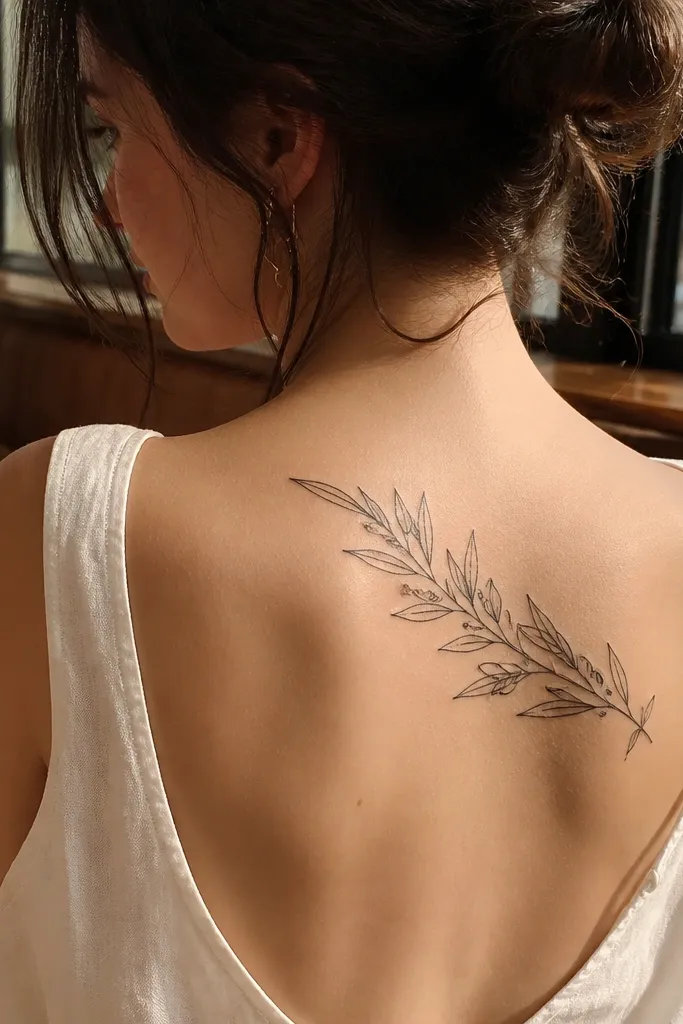 A small olive branch corner accent sits on the top outer shoulder blade area, angled so it looks like it's tucked into the shoulder curve. The branch has a short stem with a few leaves and one tiny bud near the end. The photo shows the wearer turning slightly, and the tattoo appears crisp and tucked, with negative space around it.