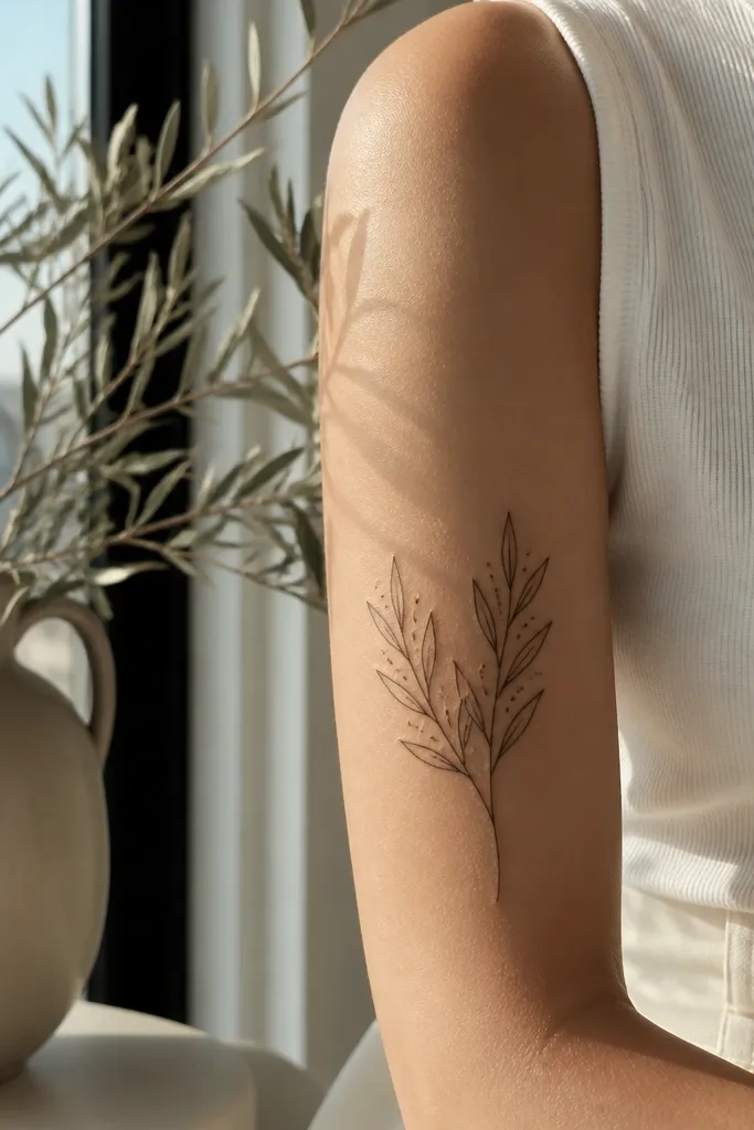 A minimalist bouquet style olive branch tattoo sits on the outer upper arm. Two branches start from one stem base, then split and curve outward, with small leaf outlines following each branch. There is no shading, just crisp black lines. The photo shows the tattoo next to natural freckles, and the leaves look evenly spaced and photogenic.
