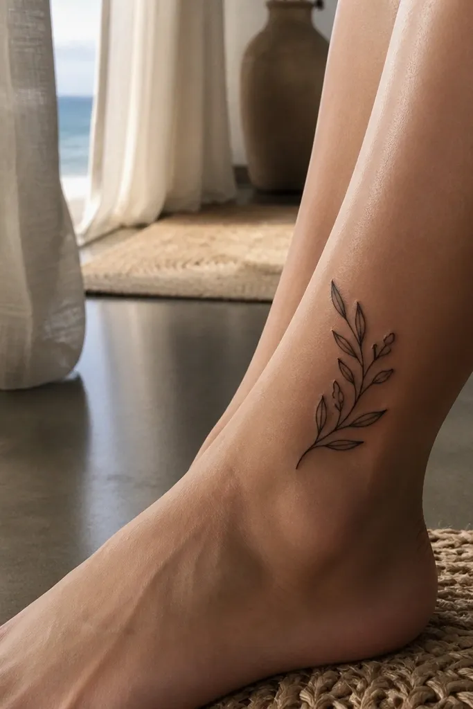 A small olive branch tattoo wraps the front of the ankle area. The leaves are simple black outlines, and the stem has a faint micro crosshatch texture for a subtle vintage feel. The photo shows the tattoo with the foot slightly turned, and the stem texture is visible up close without getting dark.