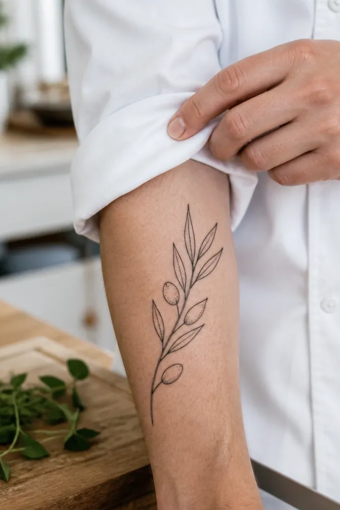 A minimalist olive branch spans the side of the calf with thin black outlines. Each leaf has a tiny cluster of dot shading near the center vein, while the rest stays line-only. The photo shows the tattoo outdoors in shade, with the dot shading visible as soft specks rather than a solid gray block.
