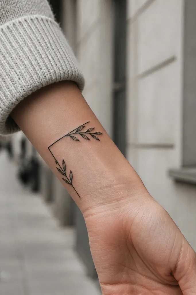 A thin rectangular frame line sits on the upper back, and an olive branch grows from the bottom edge into the center. Small corner leaves appear at the top corners like accents. The tattoo is black linework with lots of negative space inside the frame. The photo shows the back in a fitted shirt, with the frame line clean and the branch delicate.