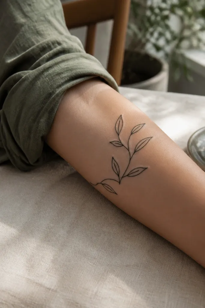 A thin olive branch tattoo on the outer forearm wraps around a forearm line like a vine. It has one continuous line that forms the stem and leaves, with no separate outlines for each leaf. Leaves look like small teardrops attached along the line. The photo shows the tattoo on a person holding a steering wheel, with the continuous line staying crisp.