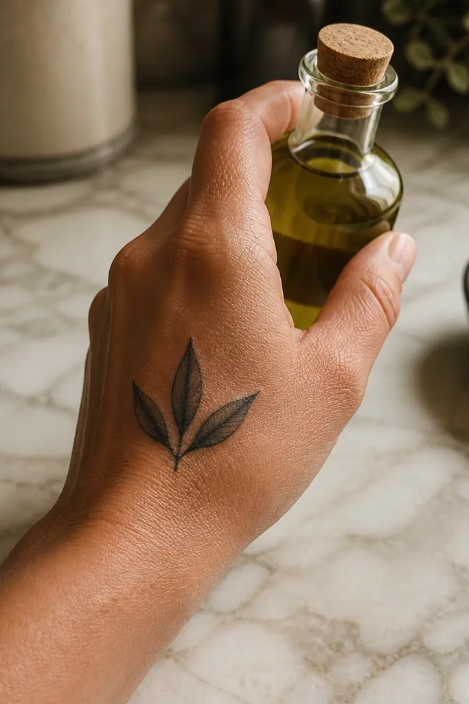 A tiny olive branch tattoo sits on the back of the hand near the thumb base. It has three leaves: one larger central leaf and two smaller leaves on either side, all outlined in black. The stem is a short curve connecting them. The photo shows the hand holding keys, and the tattoo stays readable against skin movement.