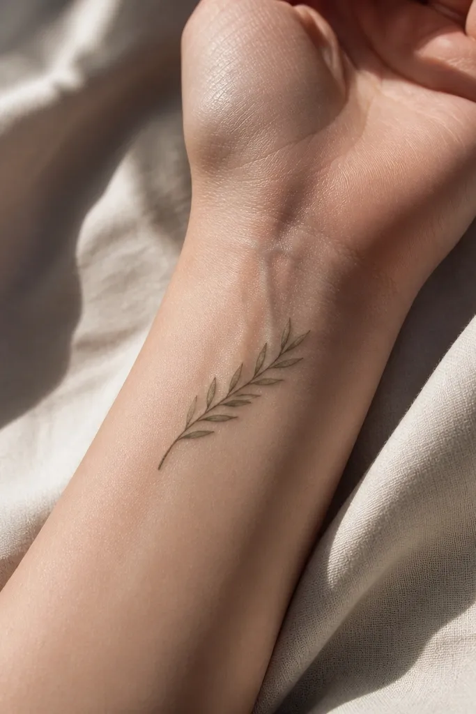 A small olive branch tattoo in black ink on the inner wrist, following the wrist curve. The branch has 6 slim leaves, each with a simple vein line, and a thin stem that tapers at the ends. The wearer is shown resting their hand on a table, sunlight catching the crisp linework.