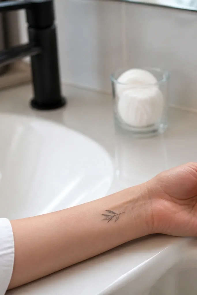 A tiny olive branch tattoo on the side of the thumb base area, black ink with three elongated leaves and one small berry dot near the stem. The berry is a filled circle, and the stem has a slight upward flick. The photo shows a close-up of the hand with bare skin and clean, sharp edges.