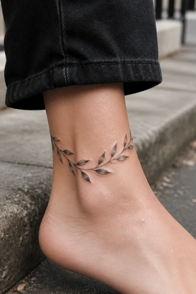 A small olive branch tattoo wrapping along the outer ankle bone, black ink with 8 leaves alternating left-right. The branch follows the ankle curve, with the stem forming a gentle S. The photo shows the tattoo visible above a sandal strap.