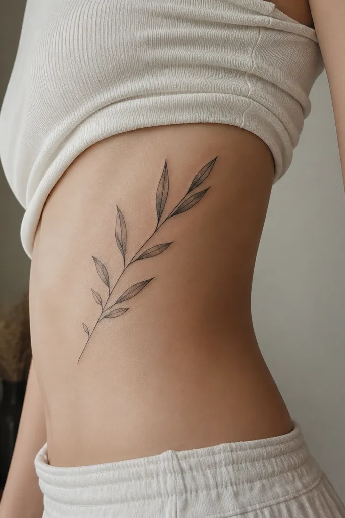 A small olive branch tattoo on the side ribs, black ink with an asymmetric branch. One side has 5 leaves with longer tips, the other side has 3 shorter leaves. The stem curves upward toward the underarm, and the wearer is shown in a fitted top with the tattoo visible.
