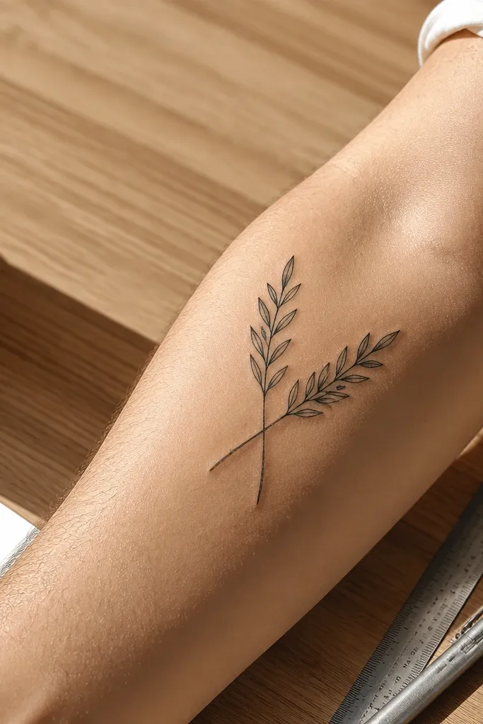 A small monochrome olive branch tattoo on the upper forearm with two thin sprigs crossing like an X. Each sprig has 4 small leaves, and the intersection is centered. The forearm is shown with the arm bent slightly, making the crossing lines stand out.