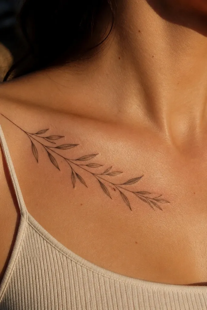 A tiny olive branch tattoo on the collarbone near the center, black ink with 6 small leaves fanning out along the collarbone curve. The stem is thin, and the leaves are pointed with a single vein line. The wearer is pictured in a strapless or off-shoulder top so the tattoo catches light.