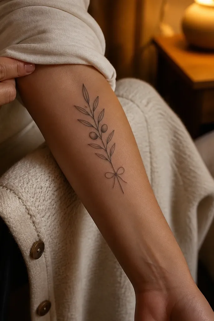 A small black olive branch on the upper arm with the stem ending in a simple ribbon knot shape. The branch has 5 leaves along the stem, and the knot is drawn with two crossing loops. The photo shows the tattoo near a short-sleeve seam so it looks crisp in natural light.