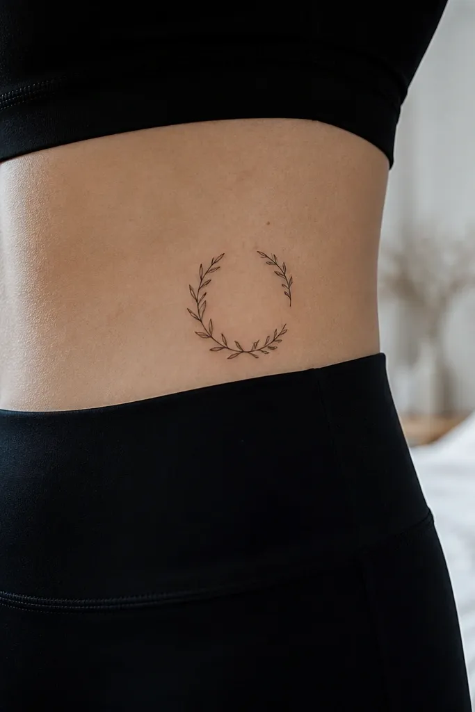 A small olive branch tattoo on the side waist, black ink forming a partial wreath. The top curve has 5 leaves, the bottom curve has 4 leaves, and there's an open gap on the outer side. The photo shows the tattoo on bare skin near high-waisted jeans.
