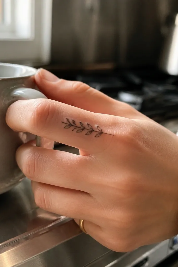 A small monochrome olive branch tattoo on the side of the index finger, black ink with 3 miniature leaves marching up the finger. The lines are crisp and narrow, with a tiny stem connecting them. The photo shows the hand holding a coffee mug, with the tattoo visible in profile.