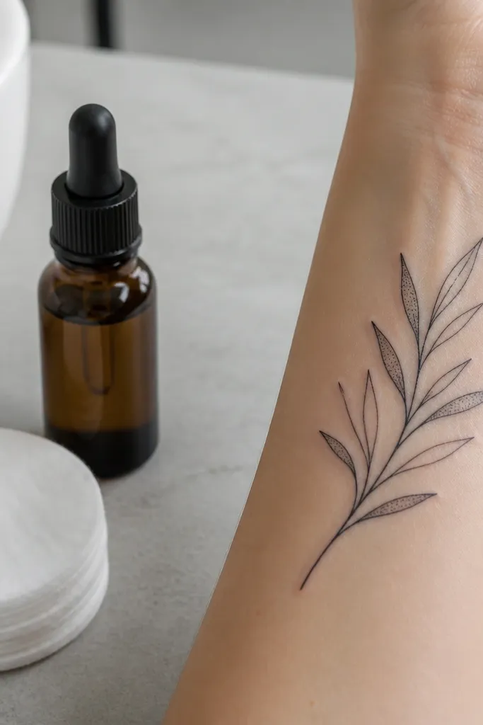 A small olive branch tattoo on the inner forearm, black ink with tiny dot shading inside leaf areas but no solid fill. The stem is thin, leaves are narrow, and the dots are sparse like a light sprinkle. The photo shows the tattoo in bright daylight, and the dotwork stays crisp.