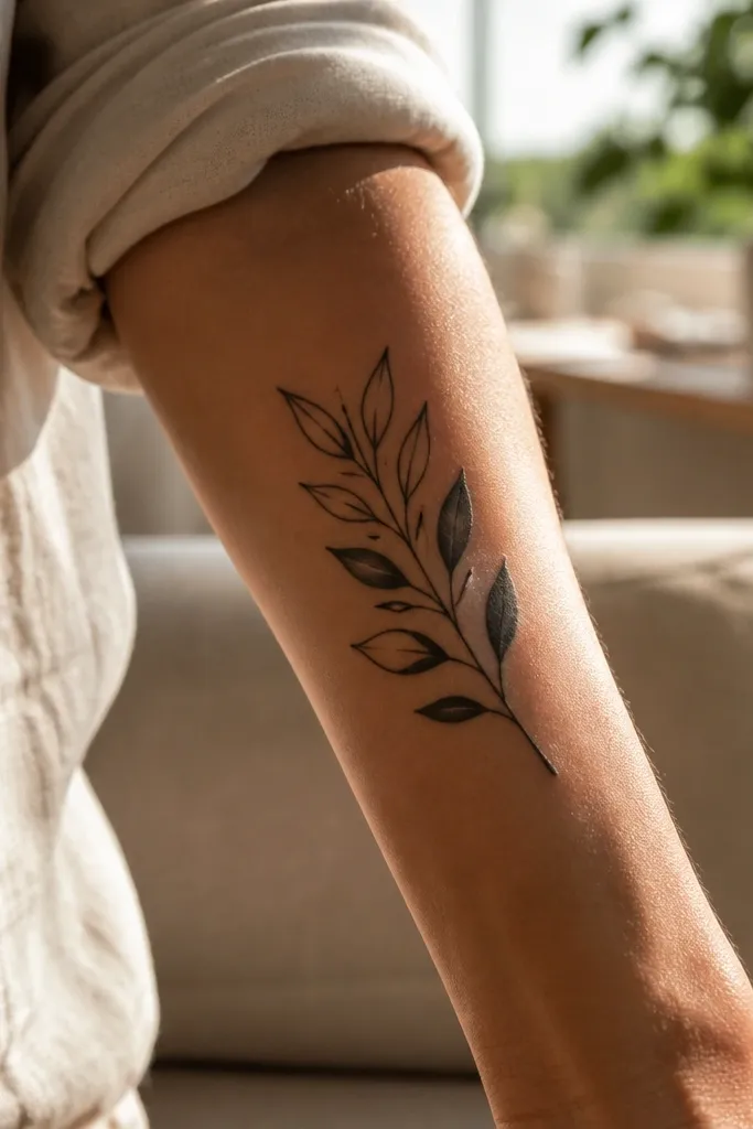 A small olive branch tattoo on the outer bicep in black ink where each leaf has an outlined shape but the center is left as skin. The stem is thin and the leaves are spaced evenly. The photo shows the tattoo with the arm flexed slightly, highlighting the negative space.