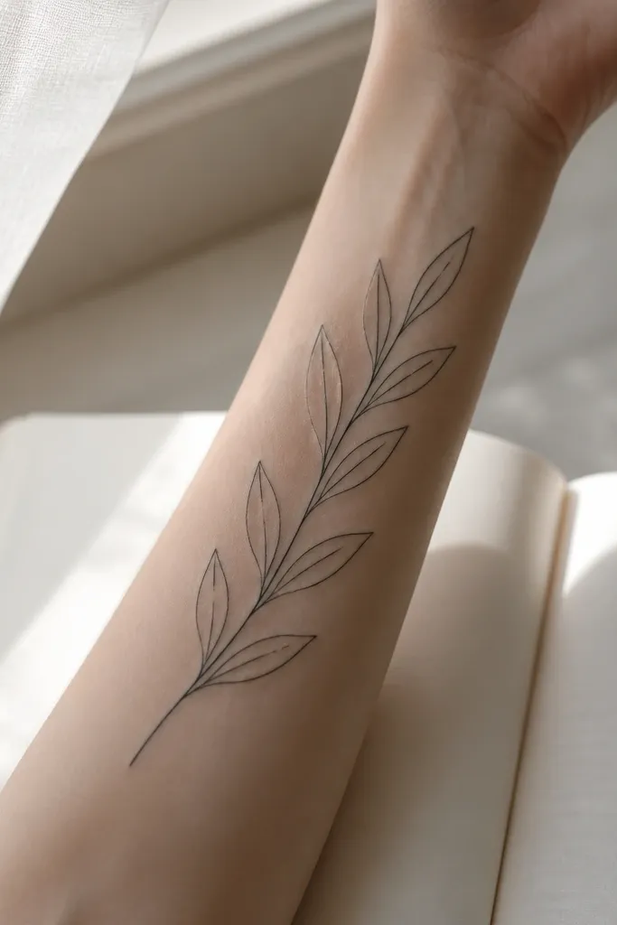 A small monochrome olive branch on the back of the shoulder, black ink with leaves that have only one central vein line. The rest is outline and stem, no dotwork. The photo shows the tattoo against a light tank top, with the lines standing out sharply.